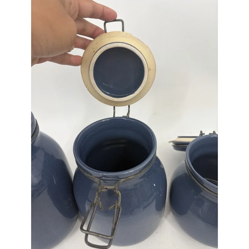 Vintage Stoneware Canister Set 3 Navy Blue Folk Art Bird Heart Clamp Lid